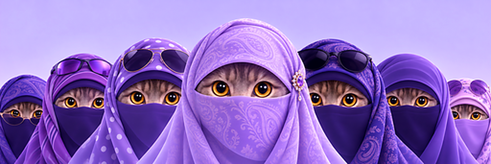 The Veil Cult — a row of cats in purple veils, golden eyes showing
